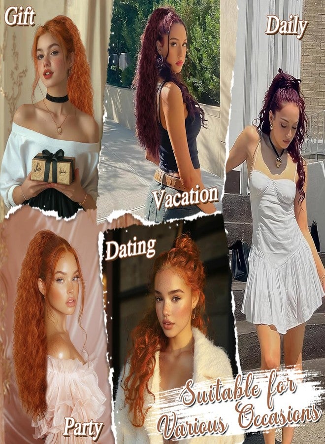 BARSDAR 22 Inch Burgundy Curly Drawstring Ponytail Extension – Dark Red Comb Clip Ponytail Hairpieces for Women – Curly Wavy Synthetic Bohemian Ponytail Extensions Long Curly Pony Tail Hairpieces - Image 5